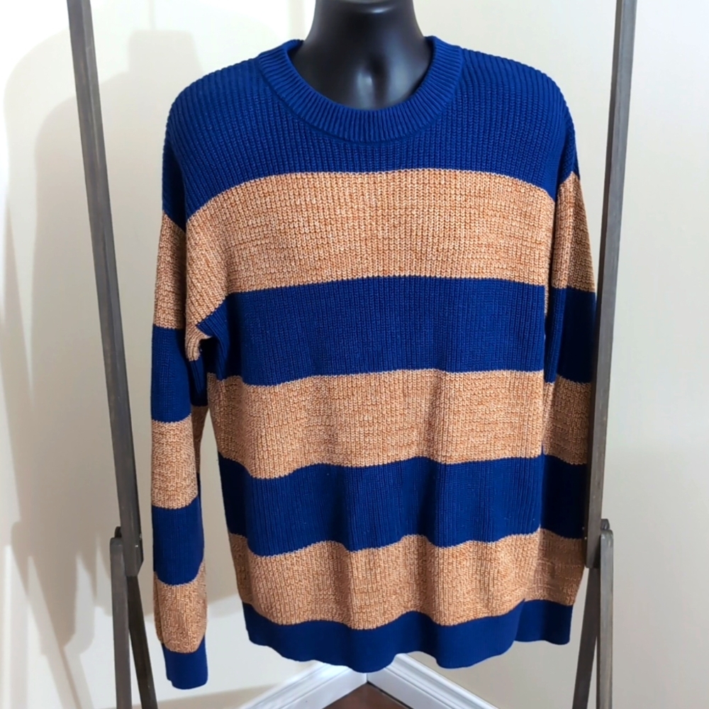 Jack and Jones| Blue and Rustic Orange Striped Crew Neck Long Sleeved Sweater